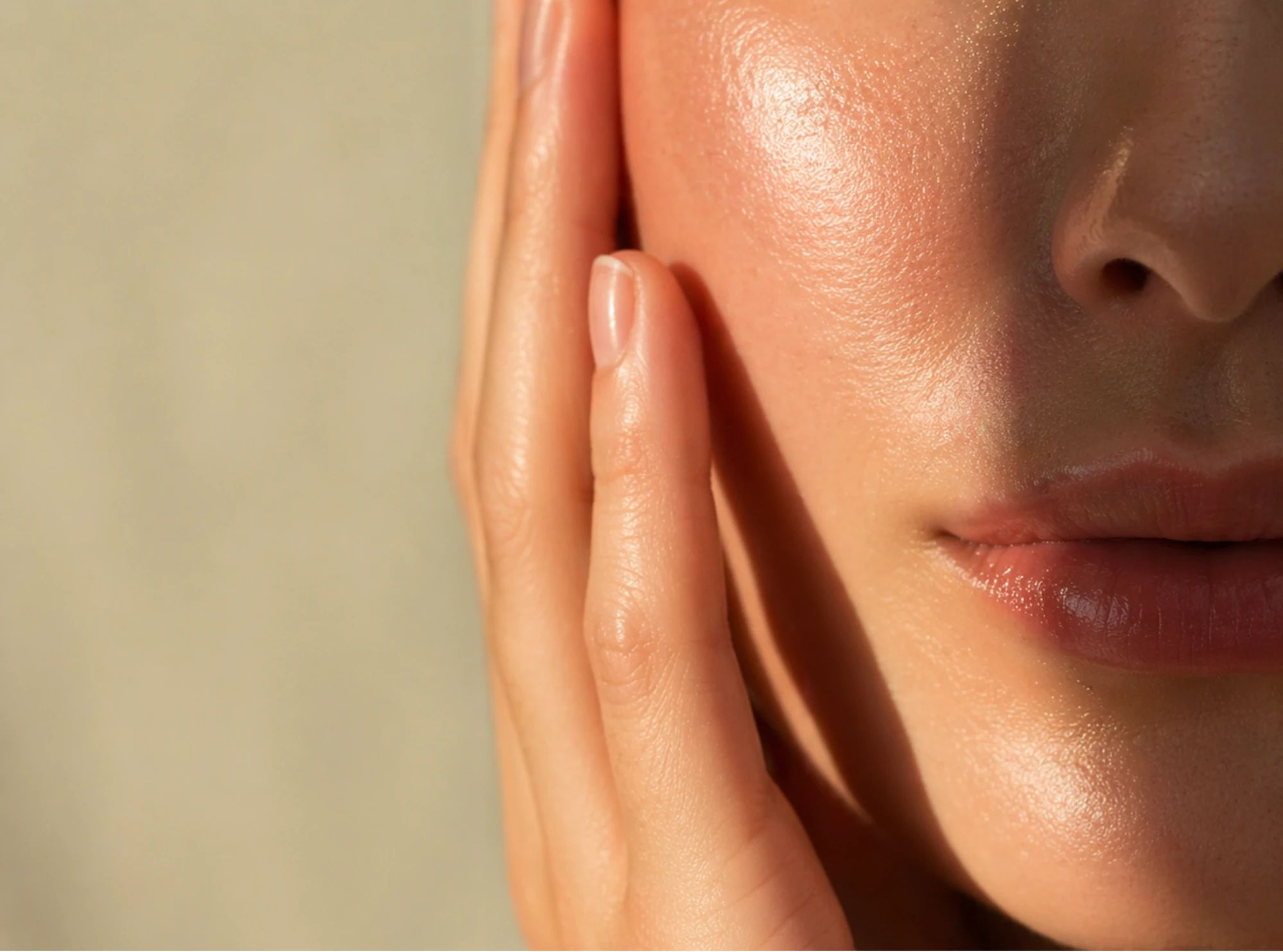 A hand resting against a cheek, with the nose and lips in warm light