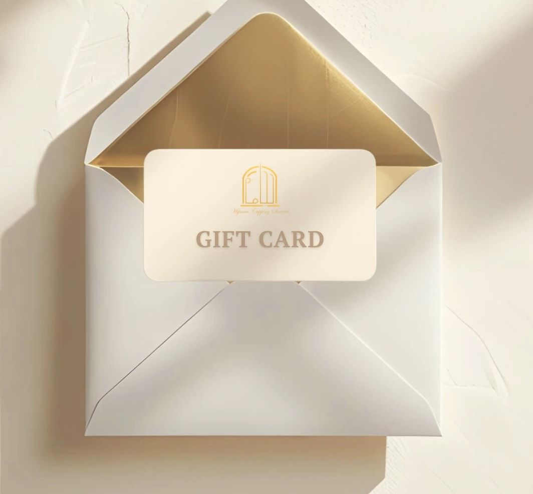 A cream Hijama Cupping Services gift card with the gold arch logo, in a cream envelope with a gold lining