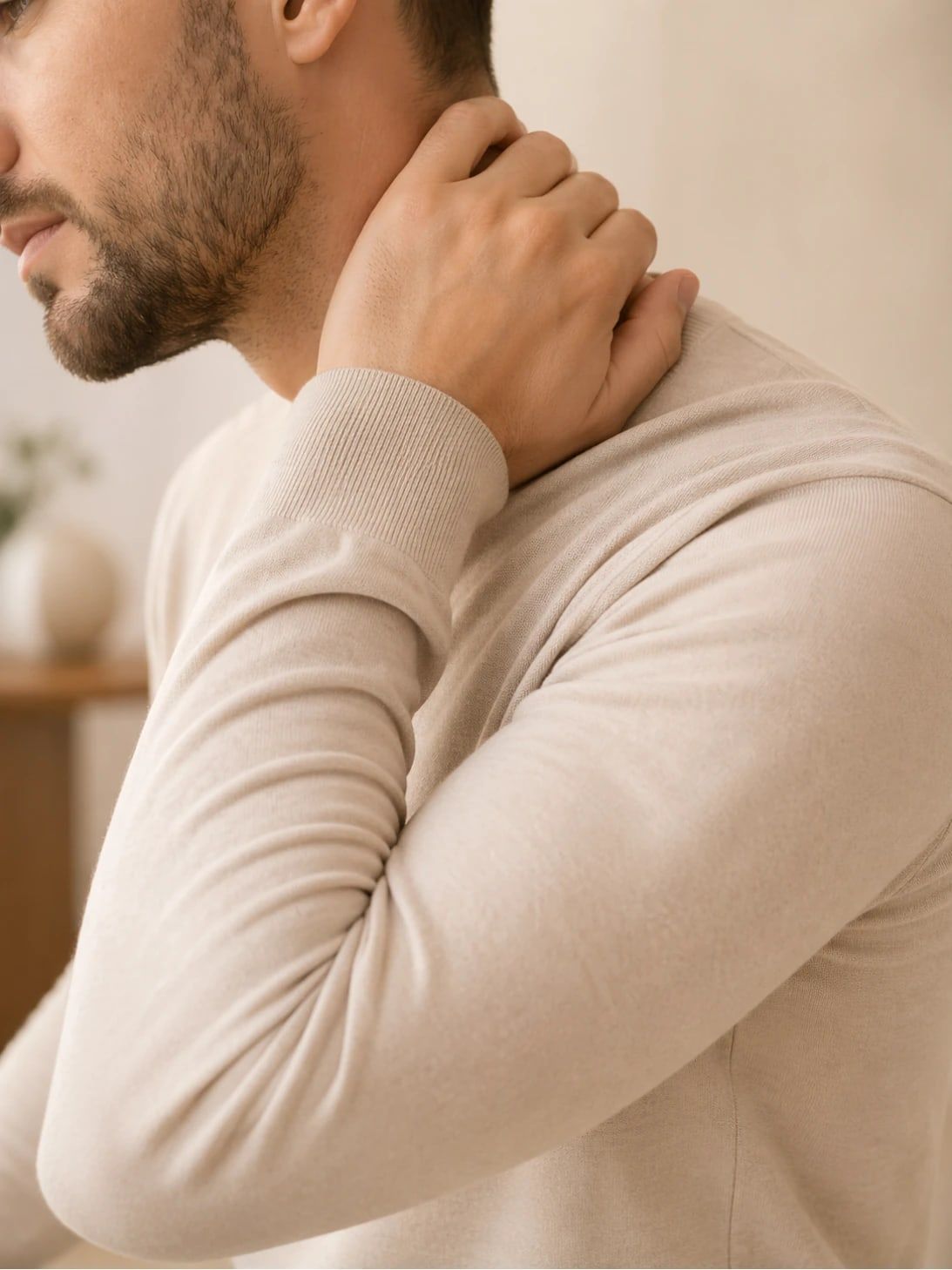 A man in a beige sweater holding the back of his neck