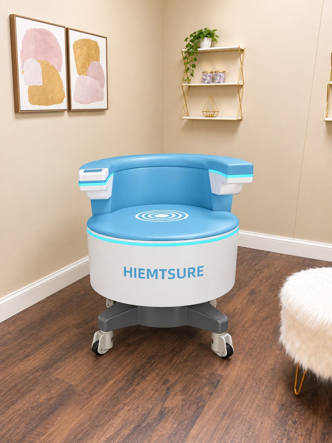 The pelvic floor chair in our private treatment room in Richardson, beside a soft white stool