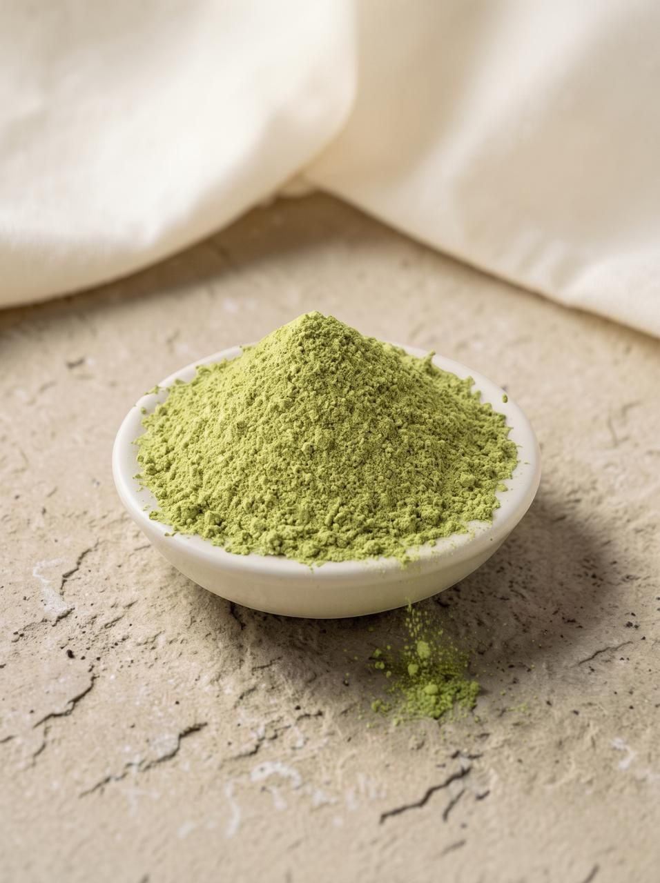 A small white dish of green herb powder on beige stone, in front of cream fabric
