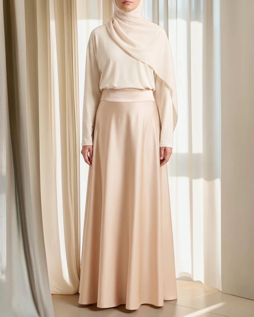 A woman in a cream hijab, a cream top and a long satin skirt standing by sheer curtains