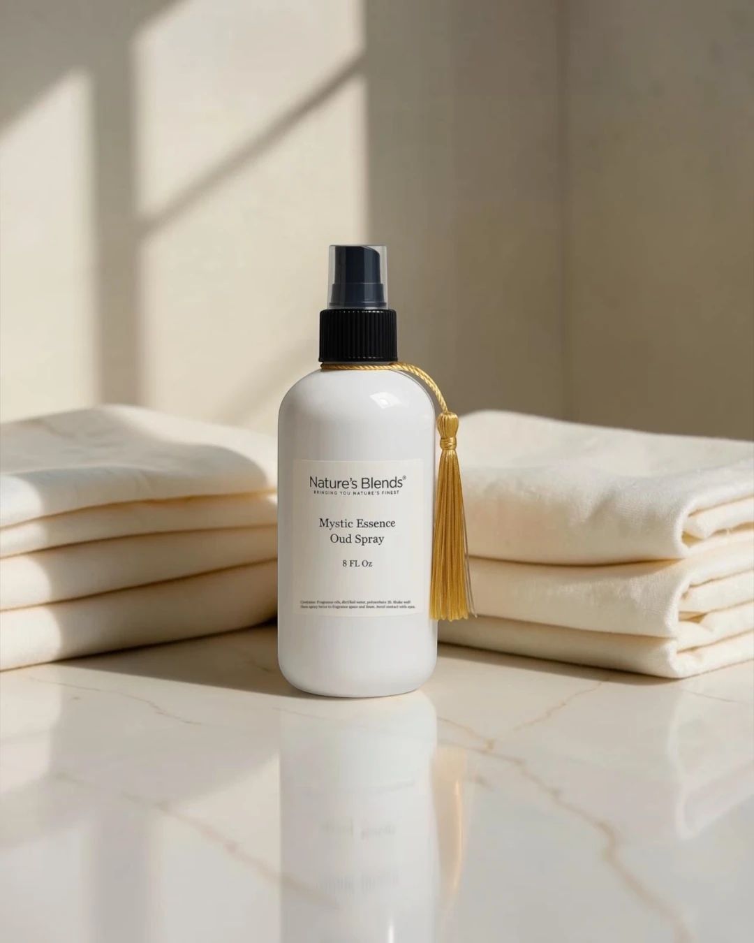 A bottle of Mystic Essence oud room spray with a gold tassel between folded cream towels